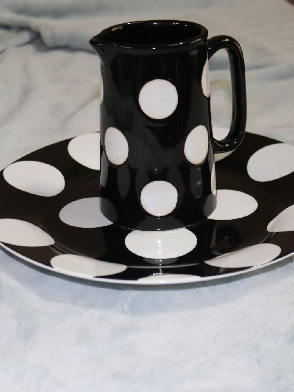 Black and white Mad Dot Company and Spotty plate and pitcher